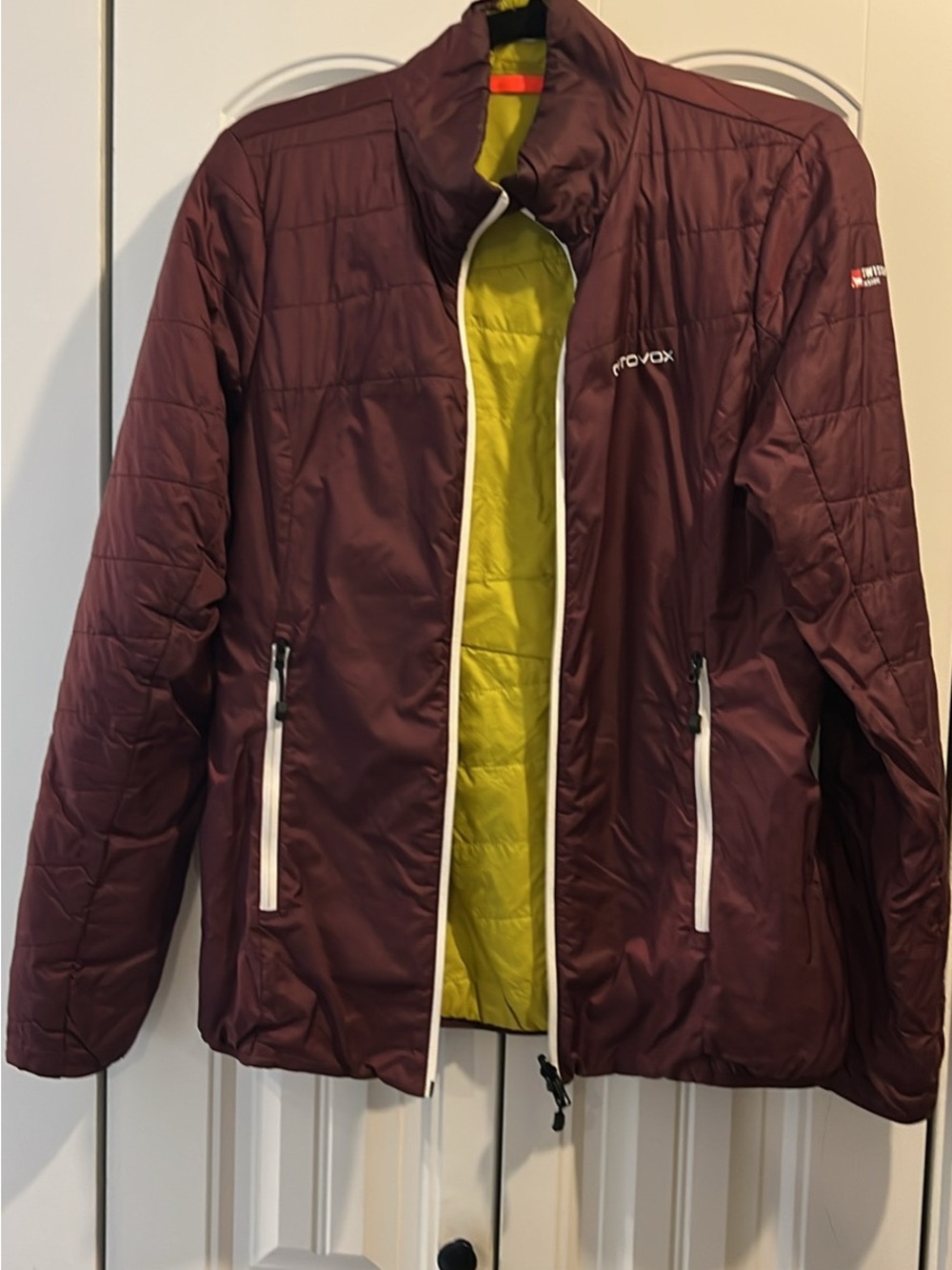 Ortovox Women's Quilted Jacket in Burgundy with Lime Lining Swiss wool